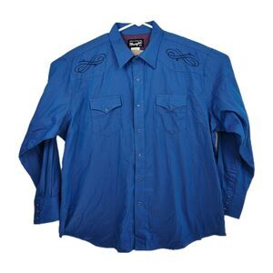 🔥🔥🔥Wrangler western-style button-up men's shirt, XXL, pearl snaps, blue VGC